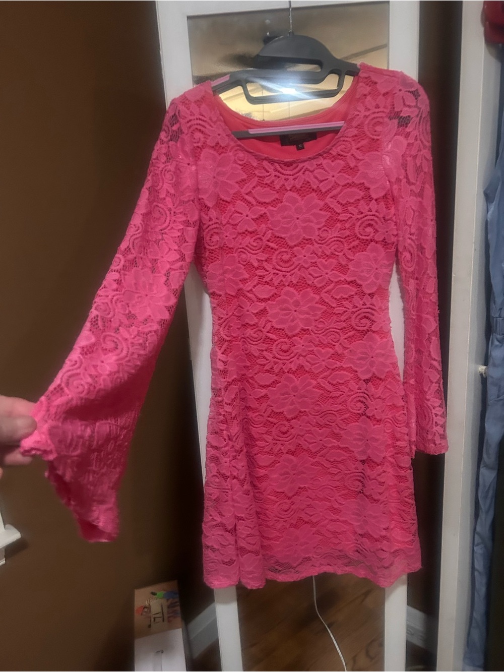 Hot Pink Floral Lace Long-Sleeve Fit & Flare Dress! S….